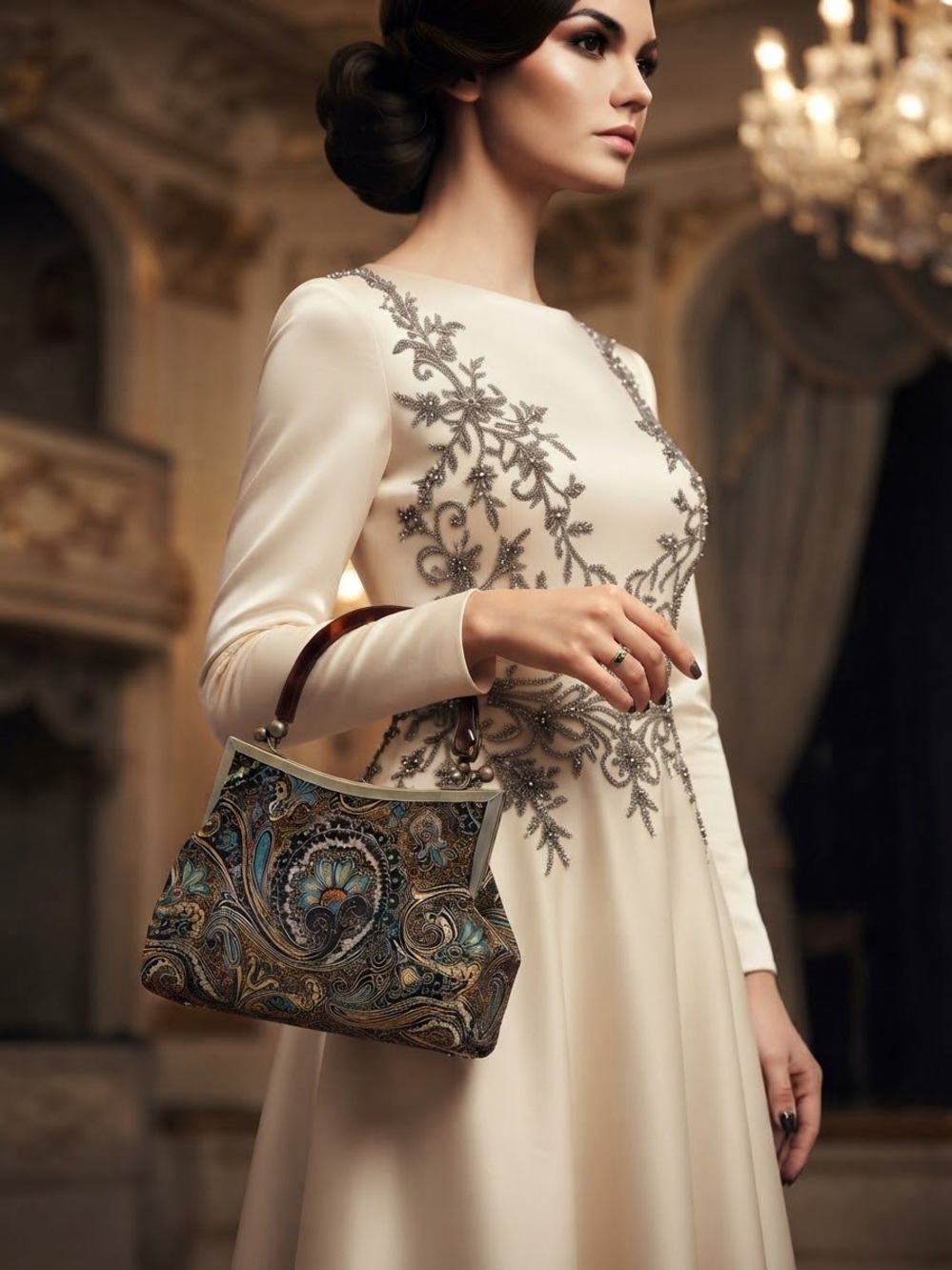 Vintage Inspired Paisley Purse Multicolor with Wood-Tone Handle Removable Strap